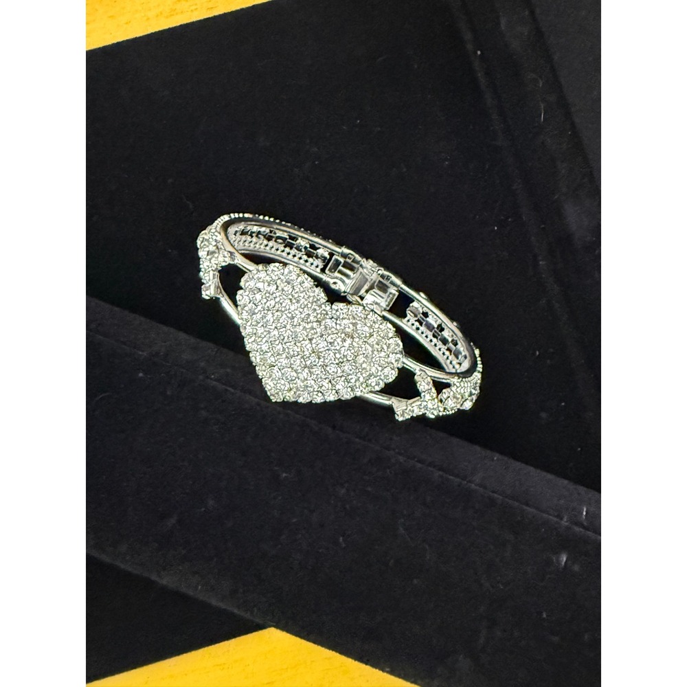 Silver Tone Rhinestone Heart Hinged Bangle Bracelet Crystal Statement Jewelry